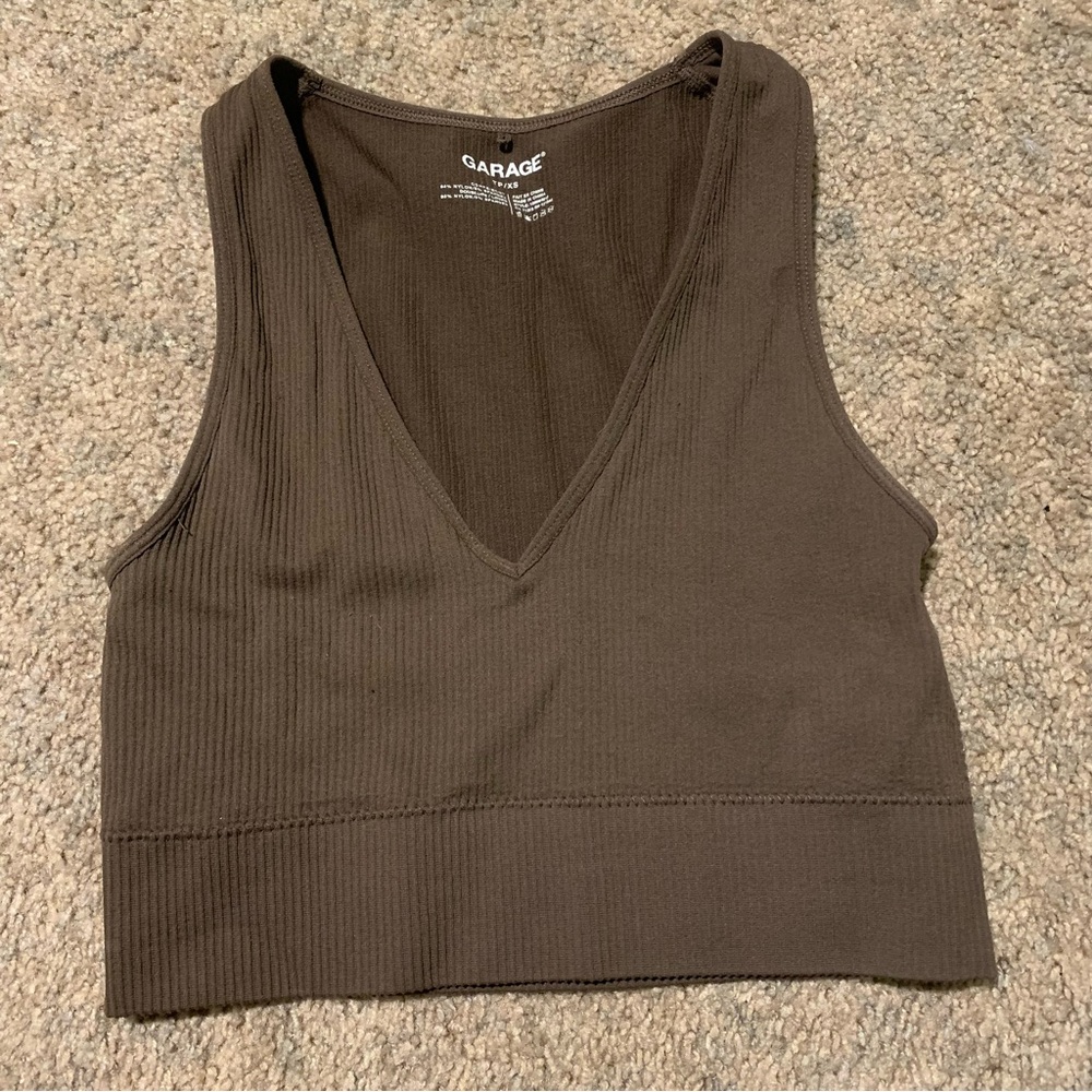 Garage Ribbed Sleeveless Crop Tank Top Brown